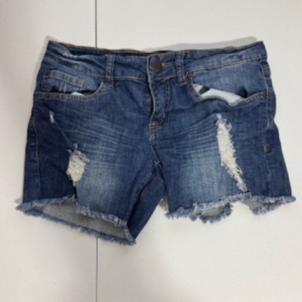 USED Woman's Rue 21 Distressed Ripped Short Shorts Color Blue Size 3/4